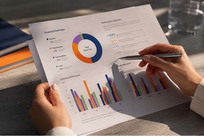 Analyst reviewing a financial performance report with charts