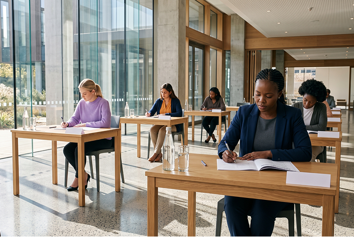 Candidates writing an examination in a modern hall