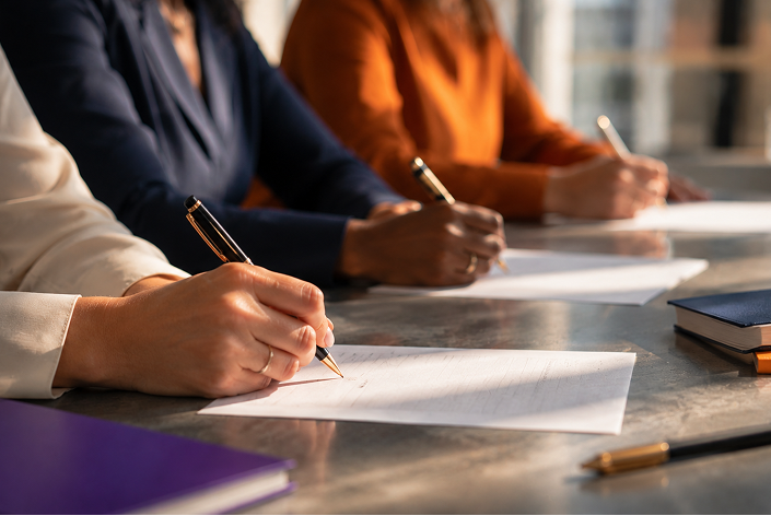 Professionals signing documents at a table